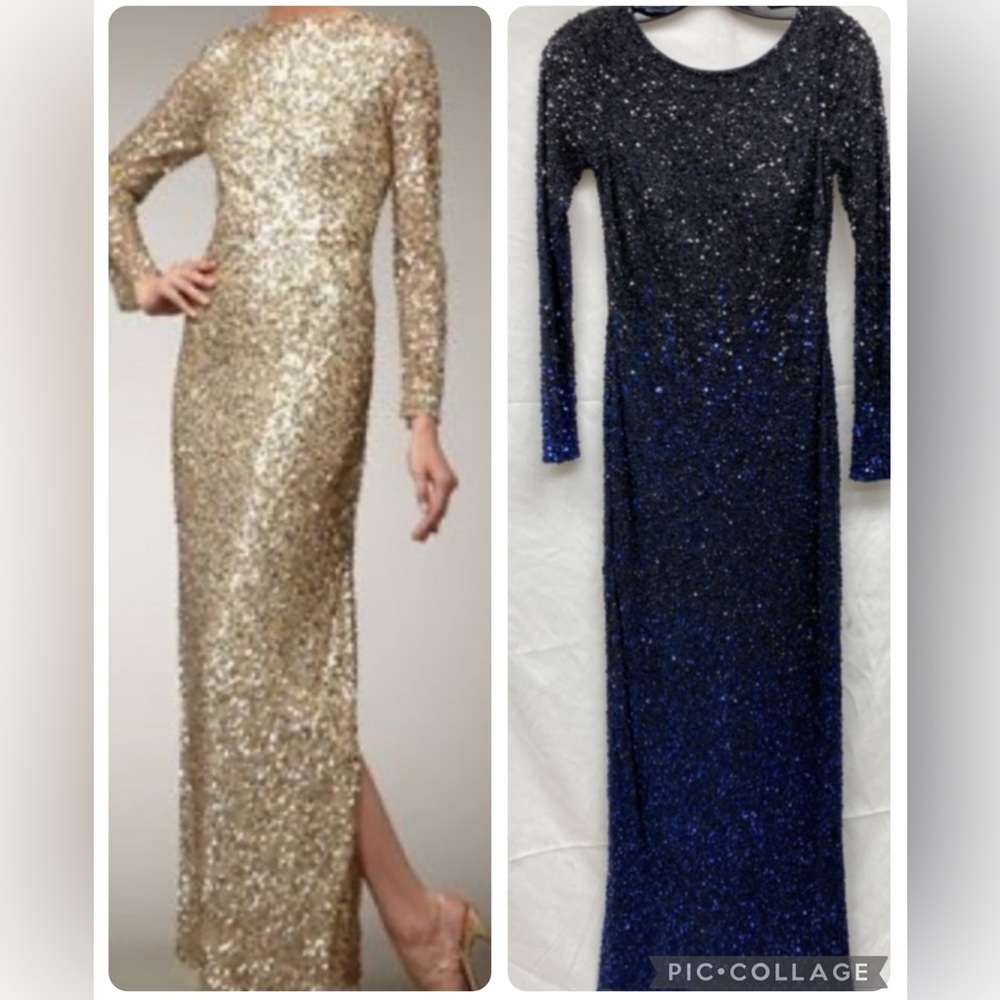 Aidan Mattox NAVY and GOLD beaded long sleeves gown